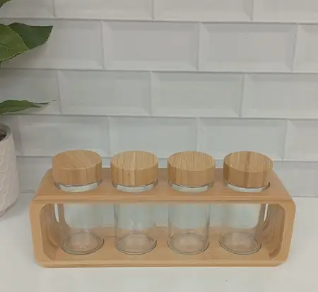 SET ESPECIERO VIDRIO X4 BASE BAMBU