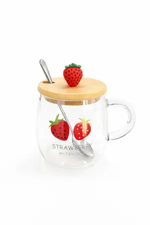 TAZA VIDRIO C/CUCHARA Y TAPA BAMBU L/FRUTILLA