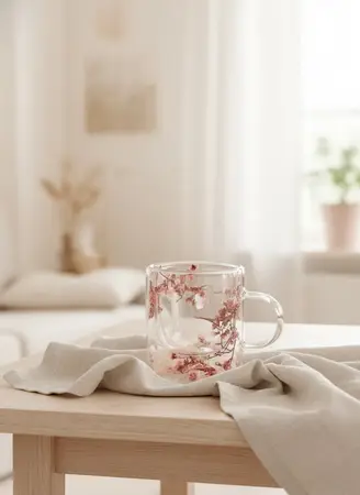 TAZA VIDRIO DOBLE 350ML FLOWER