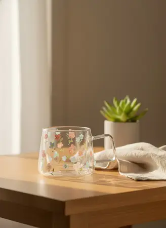 TAZA VIDRIO DOBLE 400ML. FLOWER