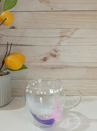 TAZA VIDRIO DOBLE C/ PLUMAS 250ML.