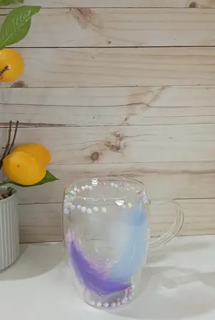 TAZA VIDRIO DOBLE C/PLUMAS 350ML.