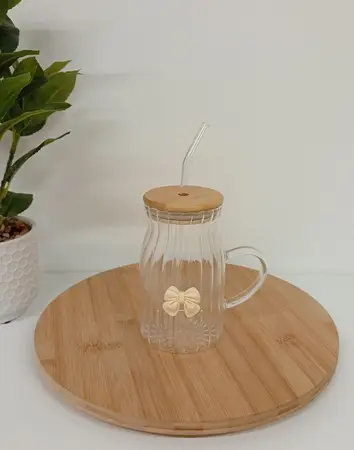 TAZA VIDRIO T/BAMBU C/SORBETE MOÑO WHITE