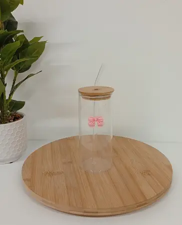 VASO VIDRIO T/BAMBU C/SORBETE MOÑO PINK